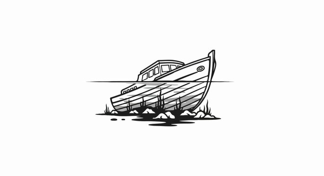 A vintage boat grounded on rocks with partial submersion