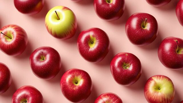 Top view apples on pastel pink background with one yellow apple sliding into center 60 FPS