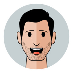 Fototapeta premium Man face avatar with stubble beard, open mouth and joyful expression in flat style. Male character portrait for talking social media, personal account.