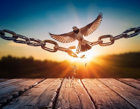 hope concept bird flying and broken chains over blurred nature sunrise background