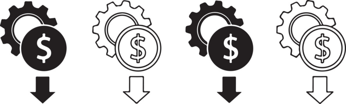 Gear and money icon with down arrow representing cost reduction and efficiency