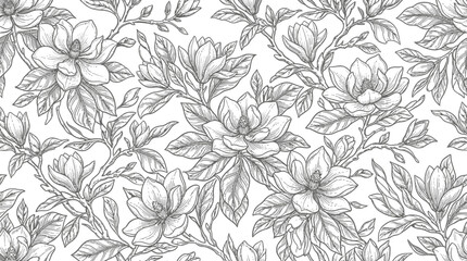 Detailed black and white floral pattern featuring magnolia flowers and leaves on a light background © angguk