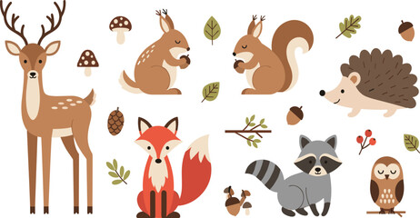 Cute Woodland Forest Animals Cartoon Vector Set Featuring Deer, Fox, Squirrel, Hedgehog, Raccoon and Owl with Acorns, Leaves and Autumn Nature Elements. © MstSuborna