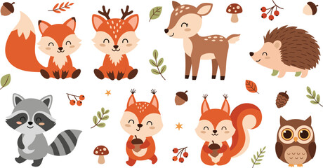Cute Woodland Forest Animals Cartoon Vector Collection Featuring Fox, Deer, Hedgehog, Raccoon, Squirrel and Owl with Autumn Leaves and Nature Elements. © MstSuborna