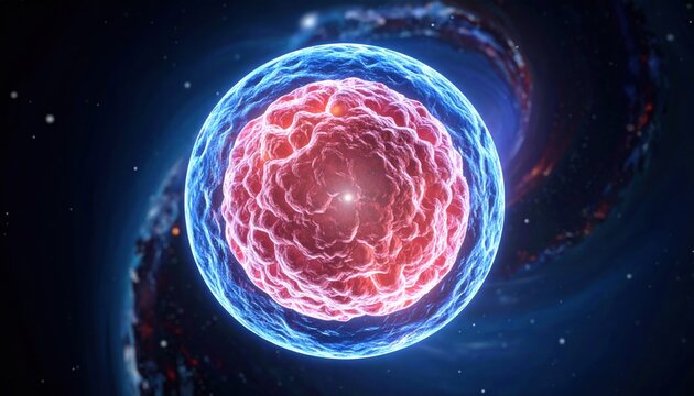 Detailed microscopic view of a vibrant human cell model with glowing nucleus and outer membrane against a dark abstract background