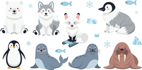 Cute Arctic Animals Cartoon Vector Collection Featuring Polar Bear, Husky, Arctic Fox, Penguin, Seal and Walrus with Snowflakes, Ice and Winter Elements. © MstSuborna