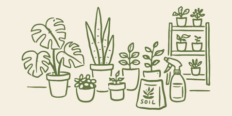 Naklejka premium Houseplant care set naive hand drawn vector illustration