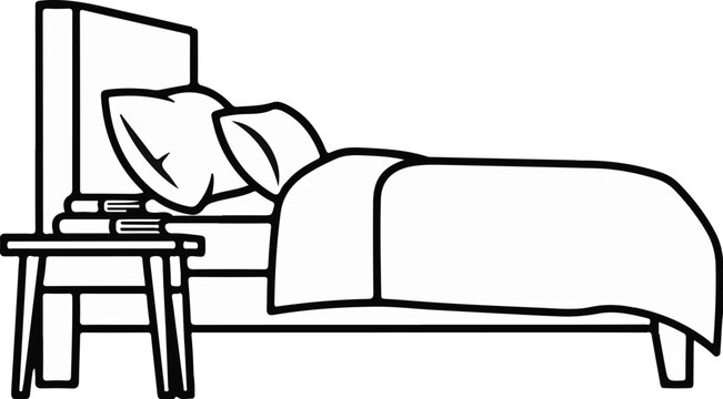 A simple line drawing of a made bed with pillows and a bedside table
