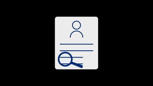 A magnifying glass with a user profile document and check mark, representing identity verification, background check, and candidate screening. 2d animation, video clip, 4k resolution alpha channel