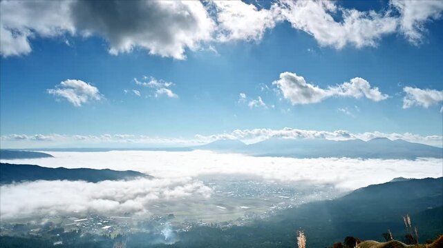 外輪山から見下ろす神秘の絶景。
「悠久の時を刻む阿蘇五岳。雲海に浮かぶ涅槃像の神秘。」
阿蘇市(ミルクロード)
A mystical view from the outer rim of the volcano.
