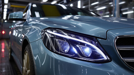 Polierter LED-Scheinwerfer eines Premium-Autos in Produktionshalle &ndash; gl&auml;nzender Lack, professionelle Fahrzeugpflege und modernes Automobil-Design in Detailaufnahme