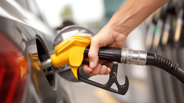 Auto wird an Tankstelle mit Benzin betankt &ndash; Nahaufnahme einer Zapfpistole beim Tankvorgang, Mobilit&auml;t, Energieversorgung und steigende Kraftstoffpreise