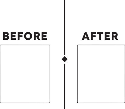 Before and after comparison template with split screen divider and two empty rectangular frames for photos on transparent background