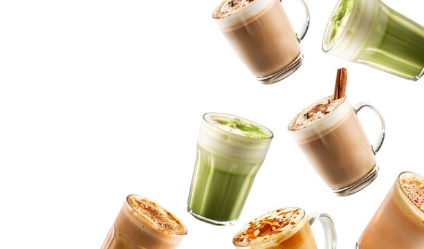 Various latte and matcha beverages arranged in scattered style isolated on white background, concept refreshment drinks