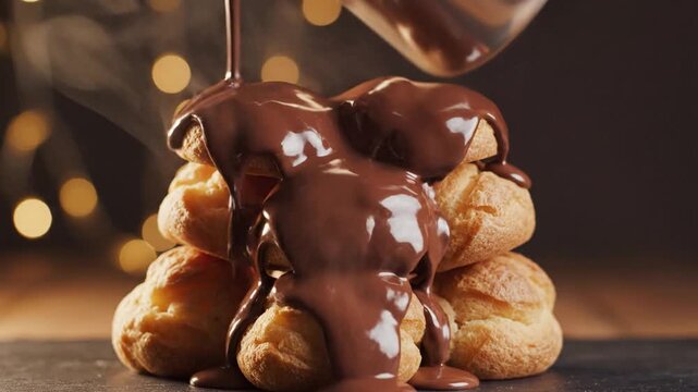 Decadent chocolate profiterole tower garnished deliciously indulgent cream puff stack rich sauce pouring delicious dessert festive lights background