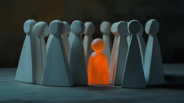 Unique Individual Standing Out from the Crowd Leadership Concept Orange Figure Among Grey People Symbol of Difference Courage and Innovation in Society 4K HD Video