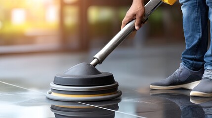 Plakat Cleaning floor with machine in office setting to maintain hygiene and cleanliness during daytime hours for a commercial environment