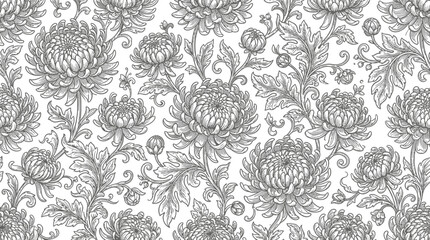 Intricate floral pattern featuring detailed chrysanthemums and foliage on a light background