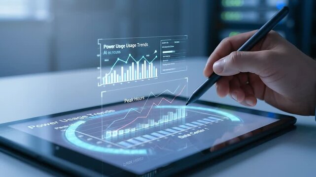 Data center energy consumption monitoring ai control dashboard tablet screen with stylus power trend analytics hologram chart interface for smart facility management and modern server room efficiency