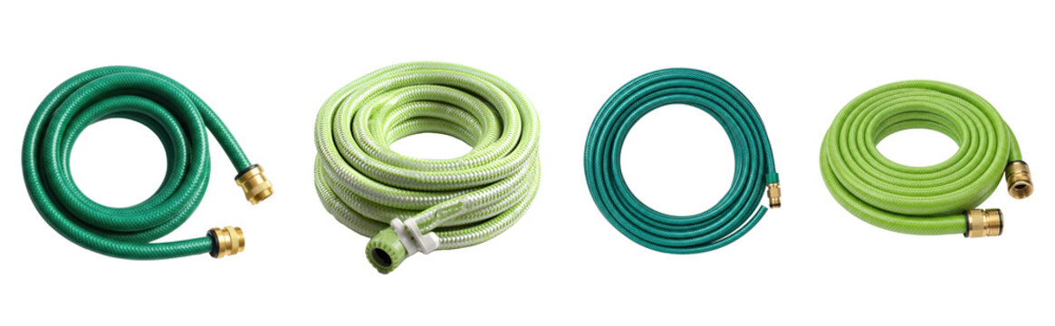 Coiled green and light green garden hoses with brass fittings, essential tools for watering plants and lawns.