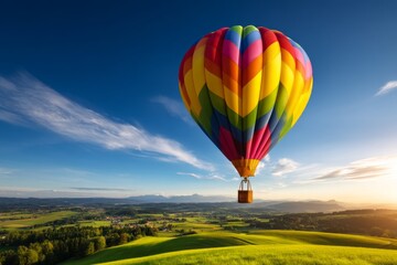 Fototapeta premium Vibrant 3D Clay Hot Air Balloon Flying Over Summer Landscape During Festival Day