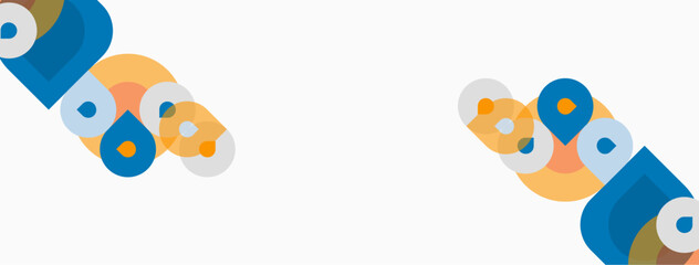 Abstract geometric shapes overlap, creating playful visual composition. Colors include blue, orange, beige. Minimalist design, clean aesthetic.