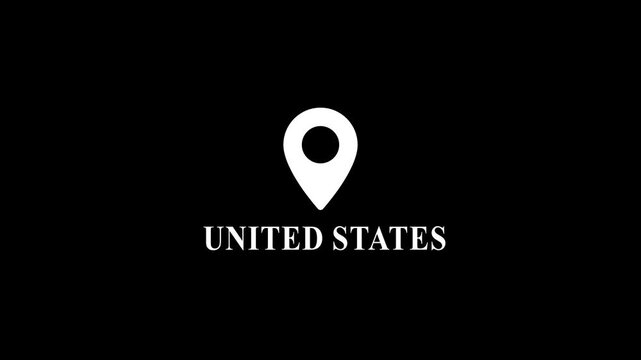 United states location pin animation on black background, for travel and, business mapping america