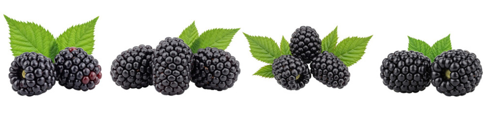 Fresh ripe blackberries with vibrant green leaves, showcasing healthy organic fruit isolated on a transparent.