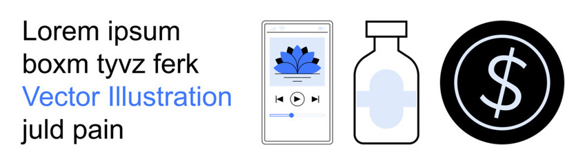 Obraz premium Healthcare, digital wellness, financial management, technology integration, online resources, modern healthcare. Smartphone screen, medicine bottle and dollar symbol. Healthcare and digital wellness