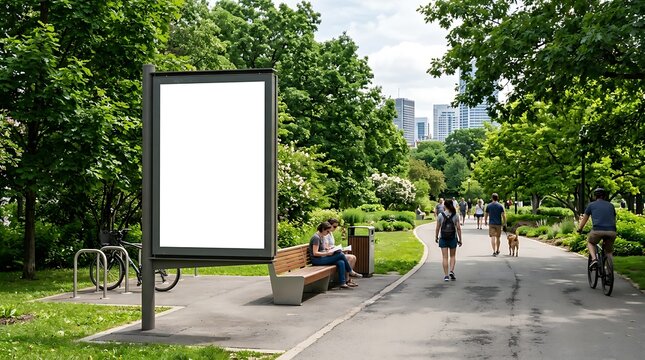 Blank outdoor advertising billboard mock-up in a vibrant green city park, ideal for showcasing your message to pedestrians and cyclists enjoying the outdoors