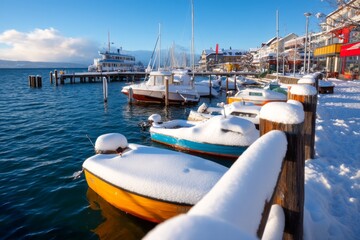 Frozen Winter Harbor Scene with Colorful Boats Covered in Snow on a Clear Blue Day