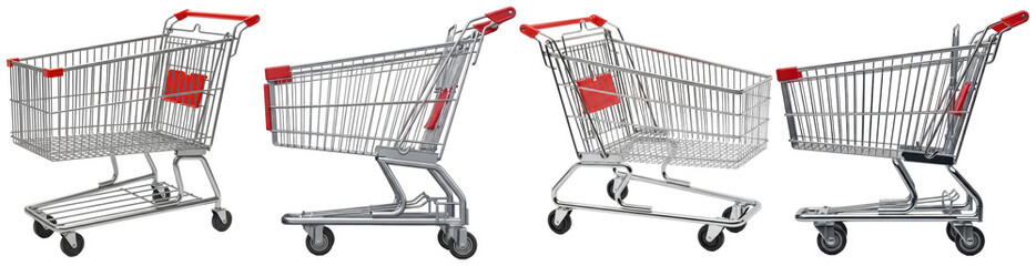Multiple views of shiny chrome shopping carts with red handles, symbolizing retail, commerce, and consumerism. © Food and Drink