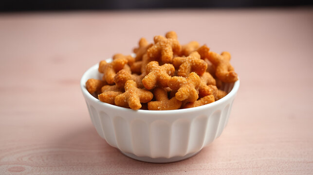 Fried and Spicy Chokadi, cross Snacks or Fryums (Snacks Pellets) is a very popular Gujarati snack, white bowl on white background, pouch packing common street snack from India. selective focus - Image