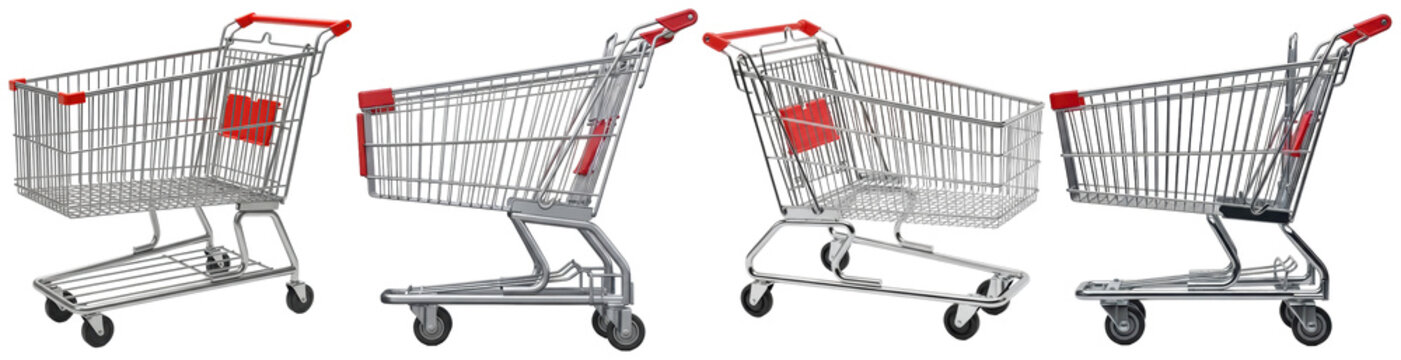 Multiple views of shiny chrome shopping carts with red handles, symbolizing retail, commerce, and consumerism.