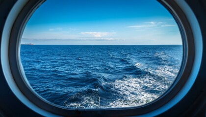 Fototapeta premium blue ocean waves viewed through porthole on boat at sea