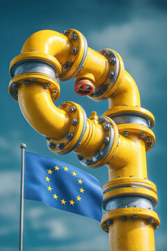 A yellow gas pipe with red filter parts stands tall against a blue sky, with the European Union flag waving nearby, showcasing industrial elements and country symbols