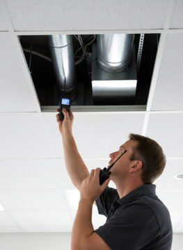 Technician inspecting ventilation duct with air quality monitor and radio. Building maintenance worker checking air flow in ceiling. Professional HVAC service and climate control inspection.