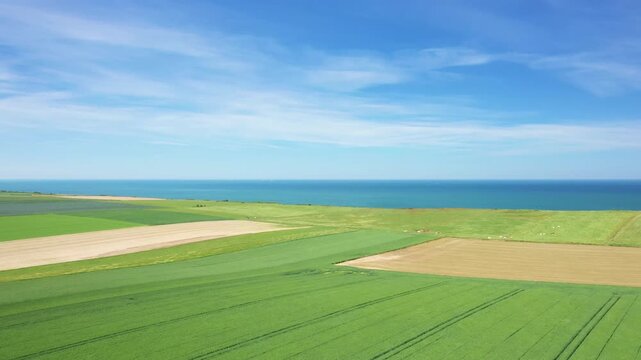 Aerial view of patchwork green fields stretching towards the blue sea under a clear sky in the Normandy countryside. Peaceful rural landscape with farmland and coastal horizon.