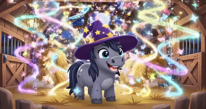 A playful pony wearing a wizard hat casts colorful magic in a cozy barn filled with hay