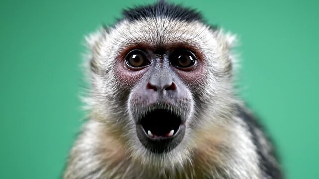 Macaque Monkey Closeup Portrait Green Background.