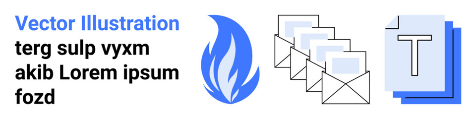 Energy consumption, communication exchange, email operations, file organization, digital documentation, and office workflow. Blue flame, envelope icons stacked papers and letter T. Energy