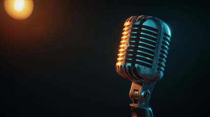 Vintage microphone on stage in dark room with spotlight. Professional audio gear for concert performance and music recording. Retro chrome mic for singer communication and sound broadcast