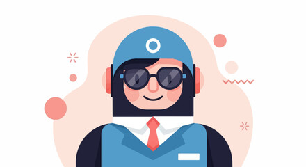 Modern cartoon character with blue helmet, sunglasses, and suit