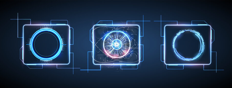 Three digital circles are shown on a dark background. The first circle is empty, the second contains a glowing design, and the third is a complete circle with light effects.