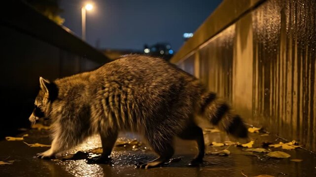 Raccoon eating food on wet pavement.