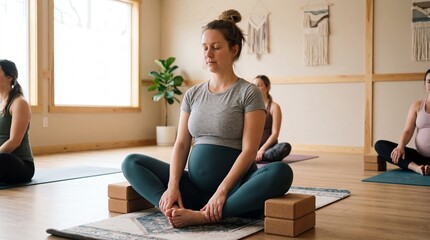 Pregnant women practicing prenatal yoga and meditation in studio