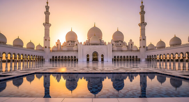 Majestic sheikh zayed grand mosque at sunset reflected in water on transparent background