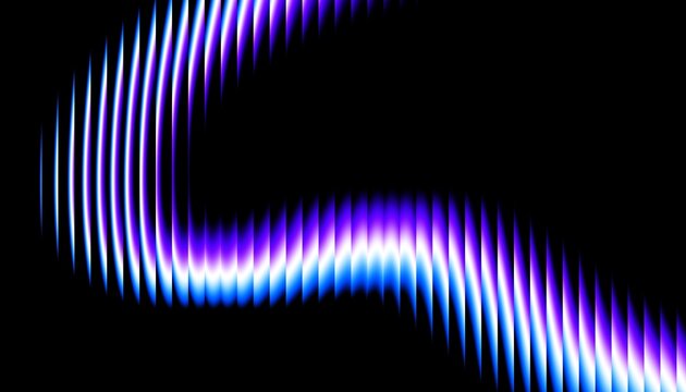 Neon ribbed fractal glass 3d lines on black background. Holographic vertical stripe pattern with vibrant purple blue white gradient. Abstract black bg, iridescent texture lines in radiant colors. 3D