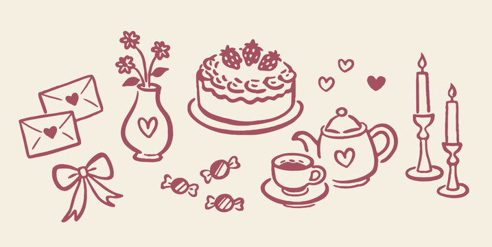 Romantic tea party set naive hand drawn vector illustration