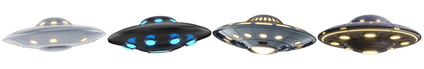 A futuristic 3D render of four distinct UFOs, showcasing different designs and glowing lights, isolated on transparent. © IndustryPNG